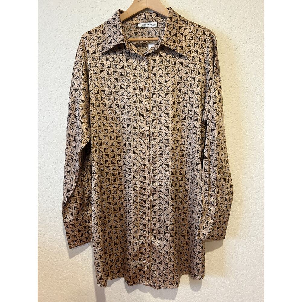 12th Tribe‎ Shirt Dress Satin Brown Cream Retro 70s Festival No Belt Size L NWT